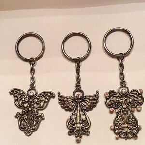 New 3 Pewter Angel key chains, clear crystals, unboxed. Measurements approximate